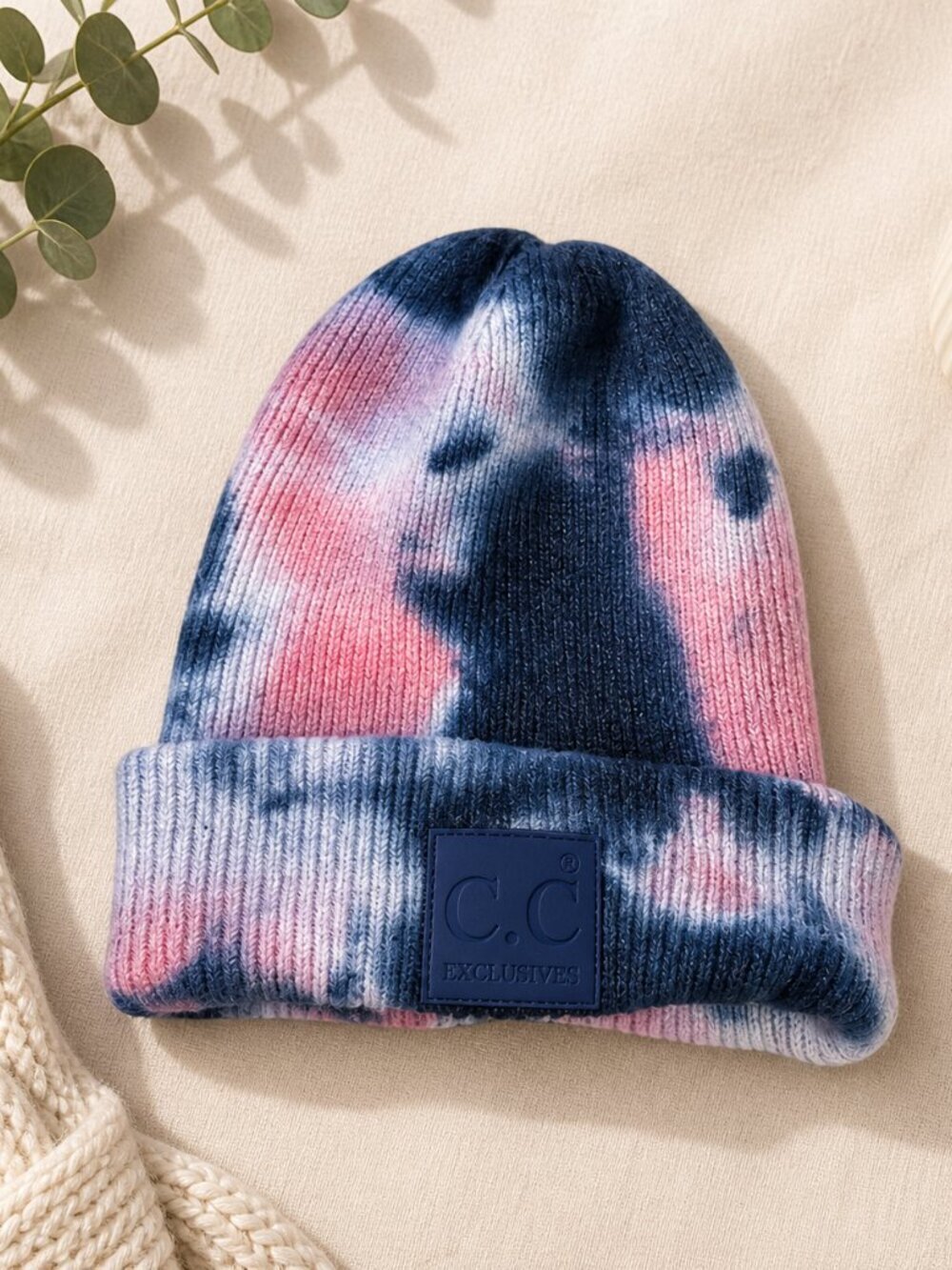 C.C. Tie Dye Knit Beanie Blue Pink Winter Hat Soft Stretchy